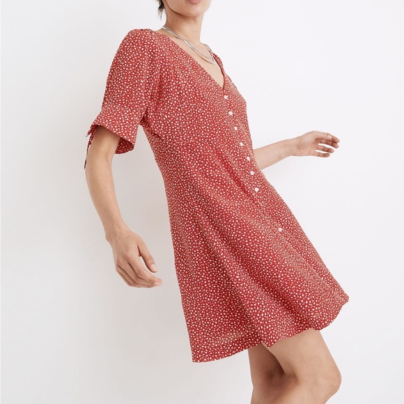 Madewell NWT Size 8 Silk Button Front Mini Dress Park Picnic Red Floral - Picture 4 of 5